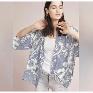 Akemi + Kin Anthropologie Savannah Kimono Cardigan OS Blue White Floral Coastal